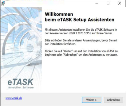 Startseite eTASK Setup Assistent